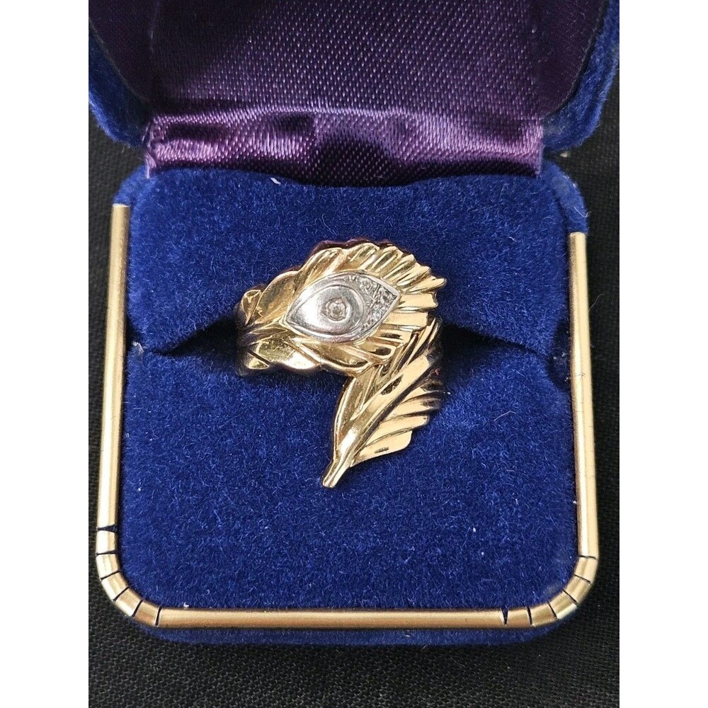 18k Yellow Gold & Platinum Two Tone Feather Ring 4.4g Sz 5.75, 0.03 Ct Diamonds